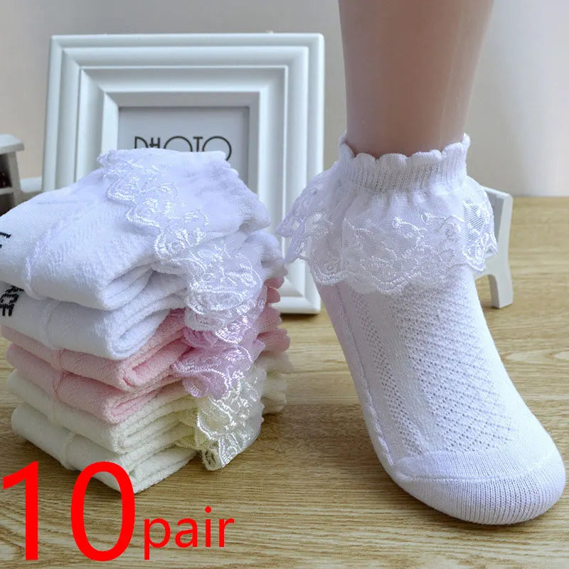 Girls Lace Ruffle Ankle Socks – 10-Pair Princess Set