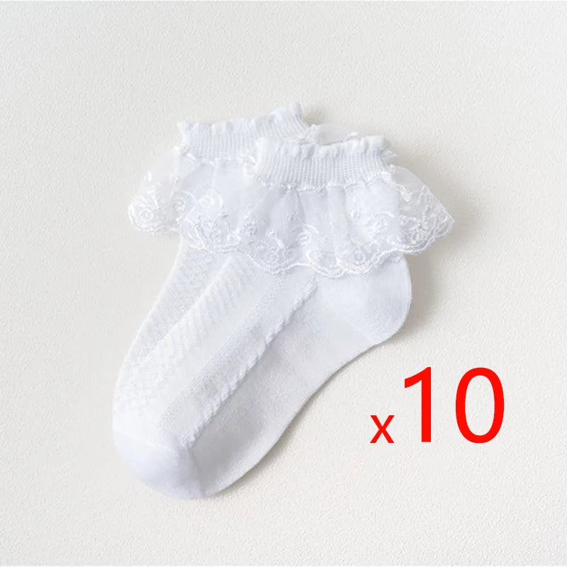 Girls Lace Ruffle Ankle Socks – 10-Pair Princess Set