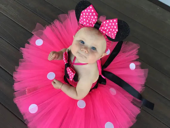 Girls Pink Cartoon Tutu Dress – Bow & Headband Birthday Set