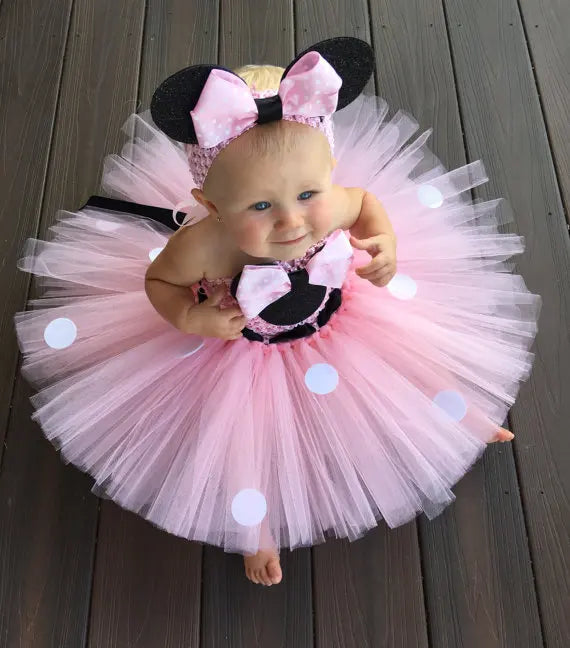 Girls Pink Cartoon Tutu Dress – Bow & Headband Birthday Set
