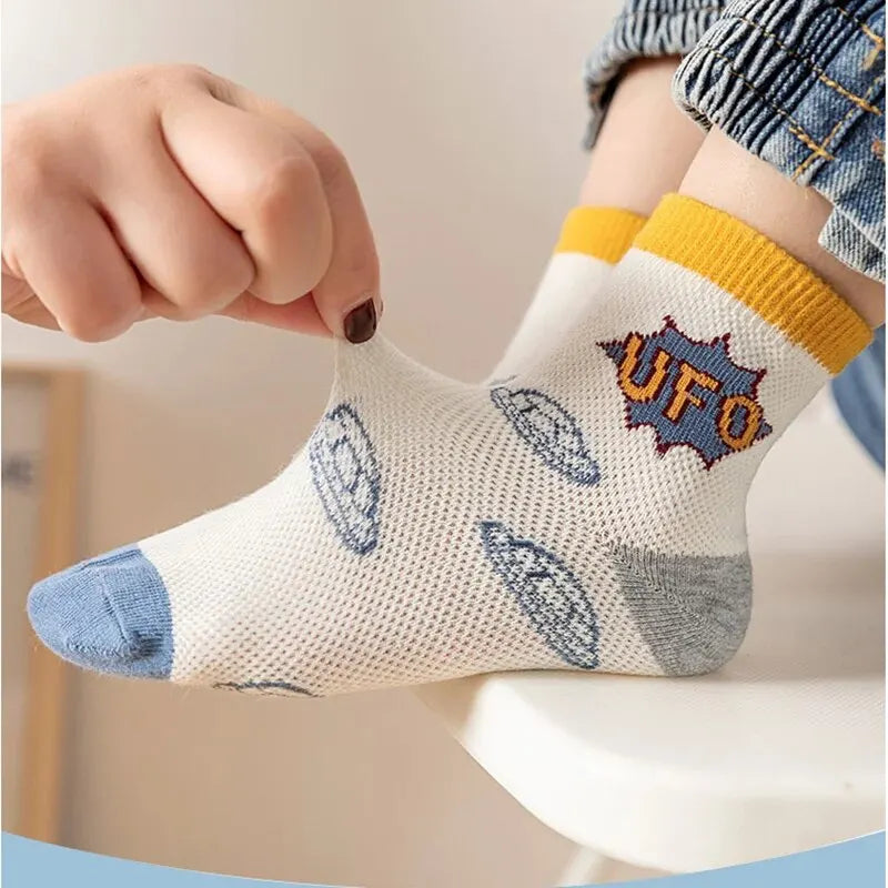 Kids Cartoon Flower Socks – 5-Pair Cotton Mesh Set