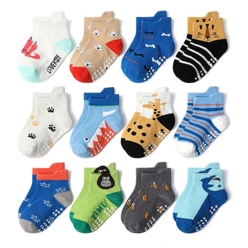 Kids Cartoon Animal Non-Slip Socks – 6-Pair Cotton Set