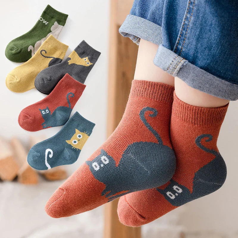 Kids Cartoon Cat Socks – 5-Pair Set for Boys & Girls