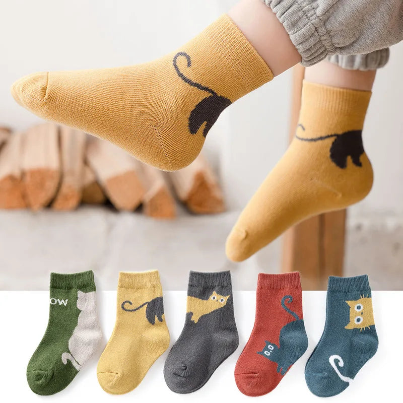 Kids Cartoon Cat Socks – 5-Pair Set for Boys & Girls