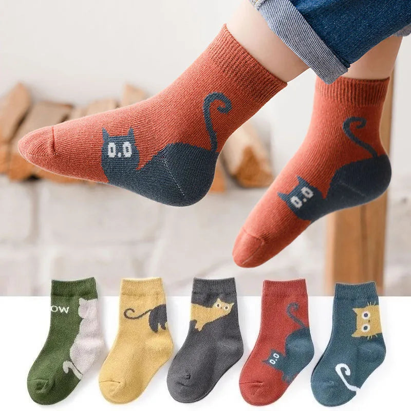 Kids Cartoon Cat Socks – 5-Pair Set for Boys & Girls