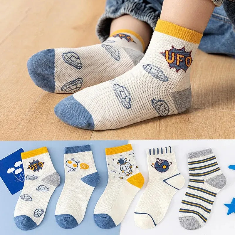 Kids Cartoon Flower Socks – 5-Pair Cotton Mesh Set