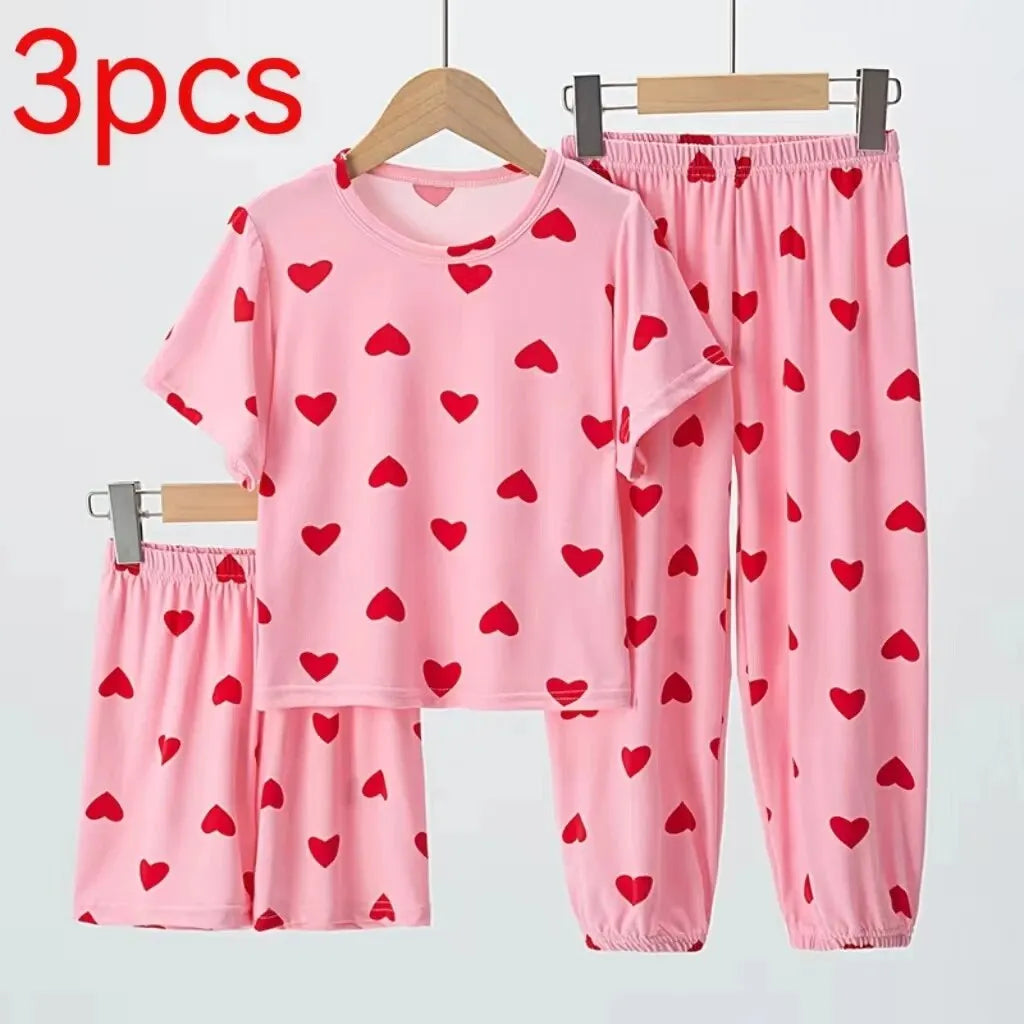 Girls Summer 3-Piece Pajama Set – Short Sleeve Top & Shorts