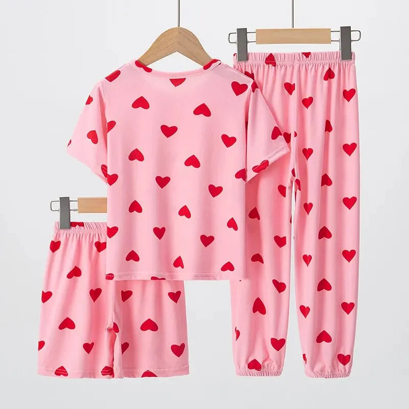 Girls Summer 3-Piece Pajama Set – Short Sleeve Top & Shorts