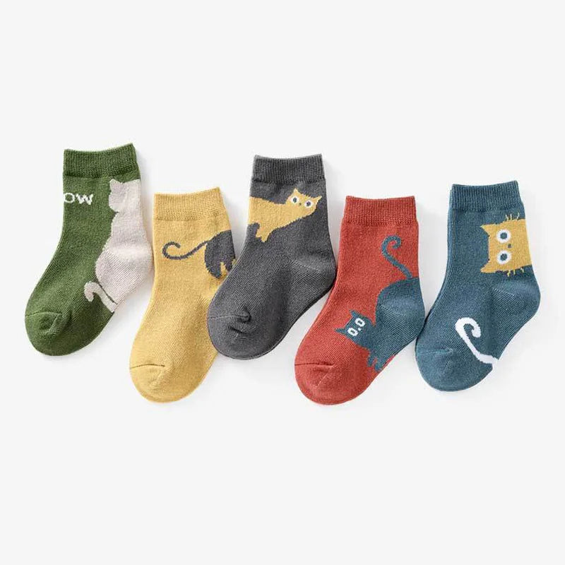 Kids Cartoon Cat Socks – 5-Pair Set for Boys & Girls