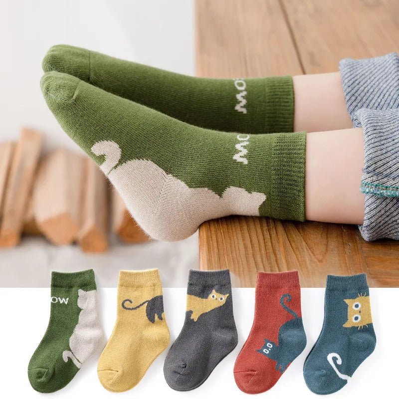 Kids Cartoon Cat Socks – 5-Pair Set for Boys & Girls