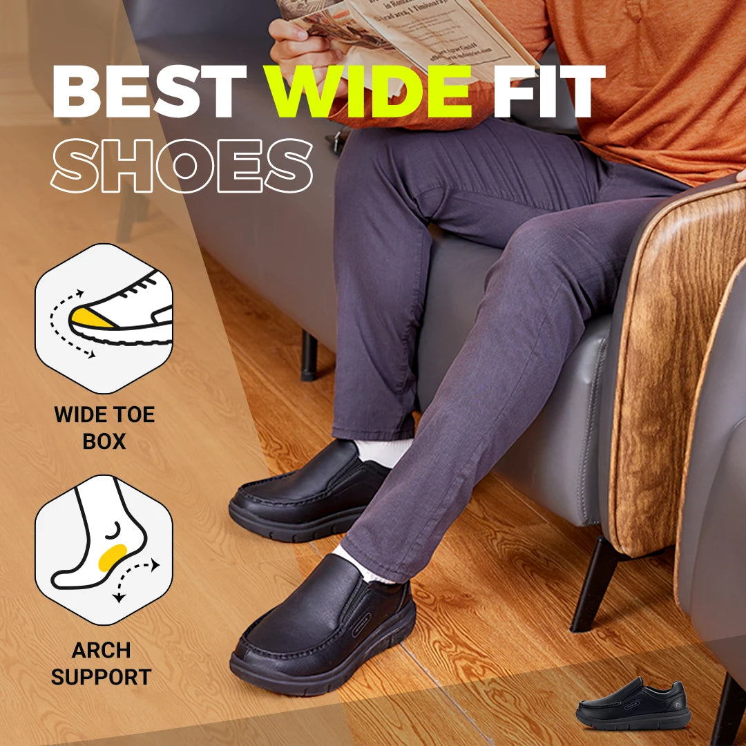 Men's Wide Fit Leather Slip-On Loafers – Lightweight Casual Walking Shoes
