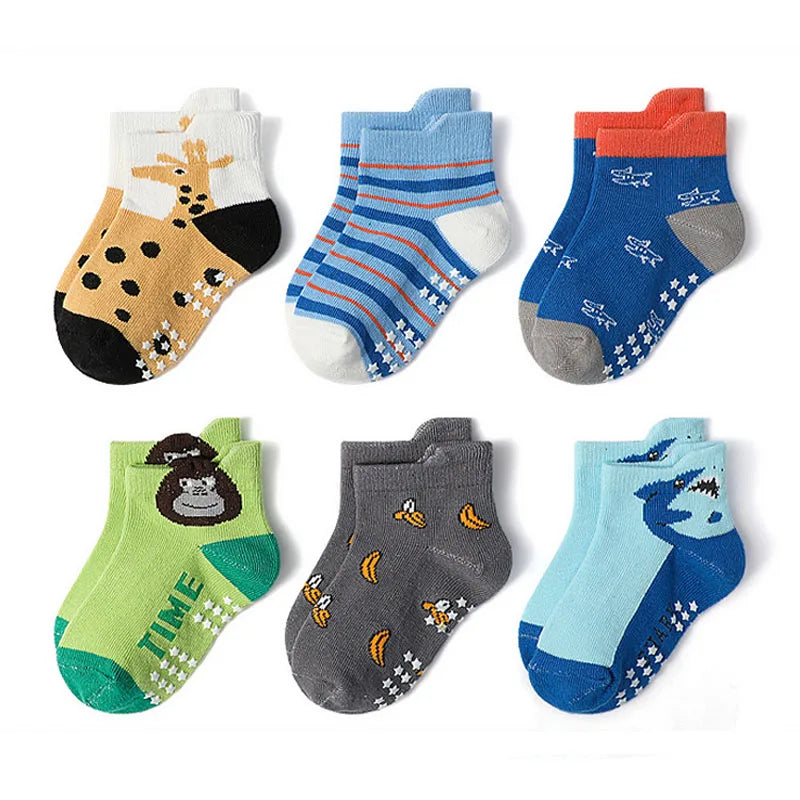Kids Cartoon Animal Non-Slip Socks – 6-Pair Cotton Set
