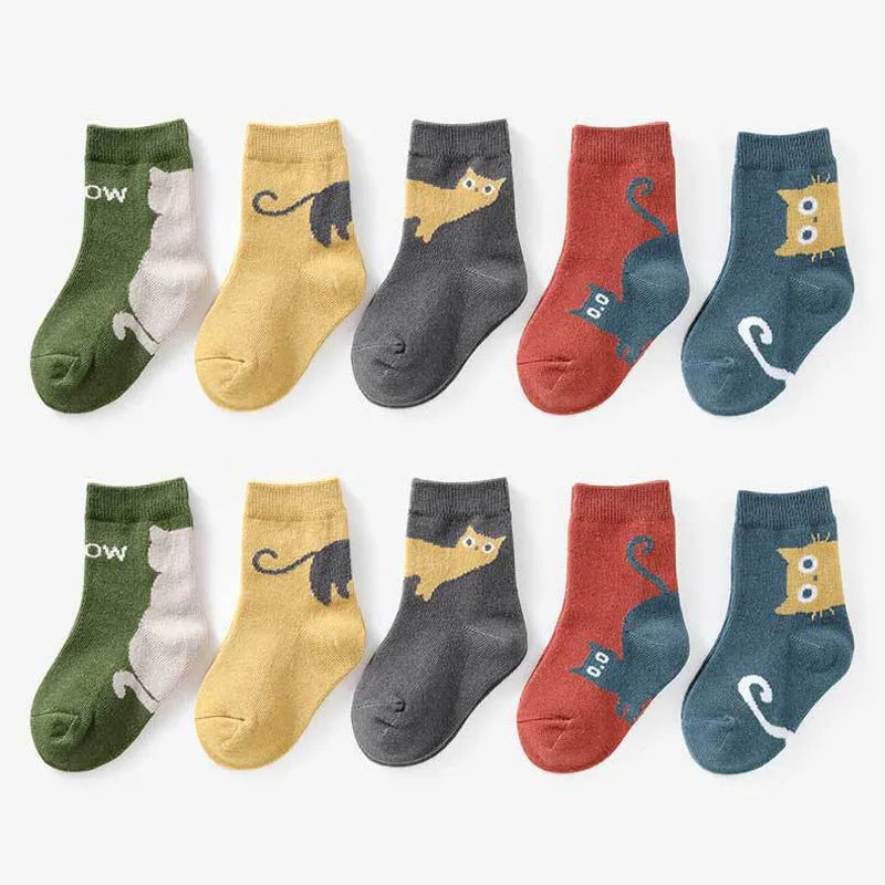 Kids Cartoon Cat Socks – 5-Pair Set for Boys & Girls