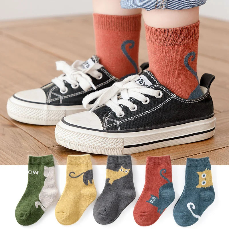 Kids Cartoon Cat Socks – 5-Pair Set for Boys & Girls