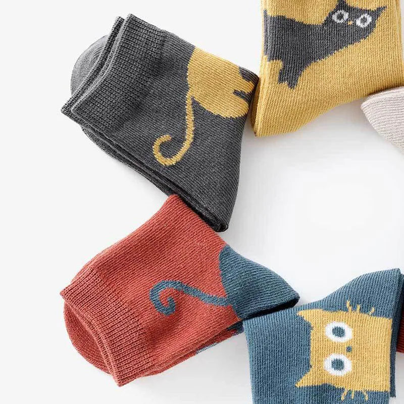 Kids Cartoon Cat Socks – 5-Pair Set for Boys & Girls