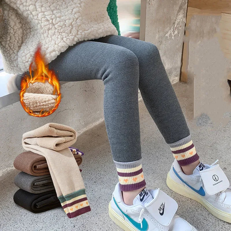 Girls' Winter Fleece-Lined Stripe Leggings – Warm Skinny Pants