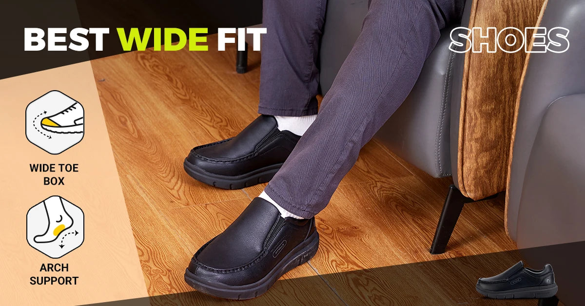 Men's Wide Fit Leather Slip-On Loafers – Lightweight Casual Walking Shoes