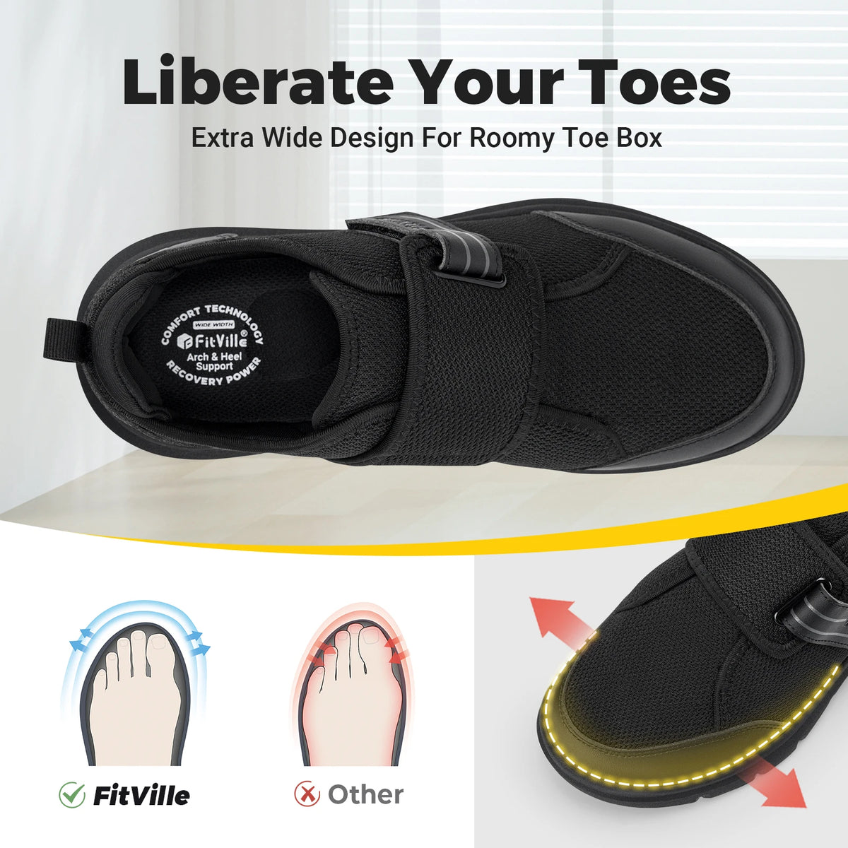 Men's Extra Wide Walking Shoes – Hook & Loop Adjustable Comfort Shoes