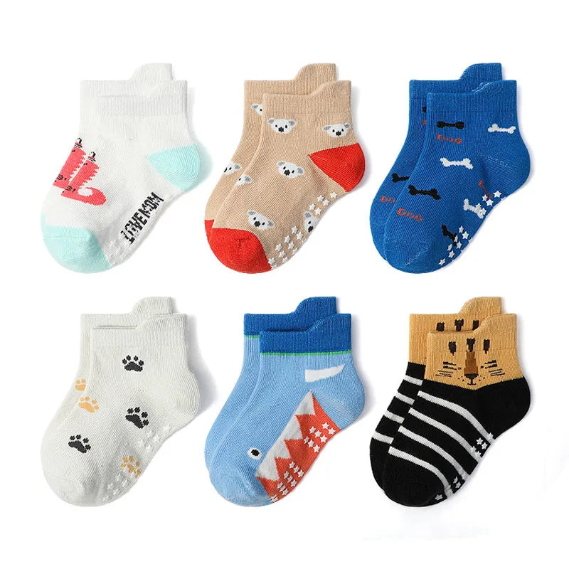 Kids Cartoon Animal Non-Slip Socks – 6-Pair Cotton Set