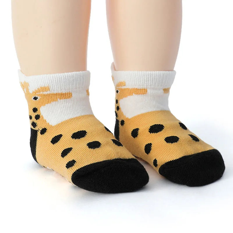 Kids Cartoon Animal Non-Slip Socks – 6-Pair Cotton Set