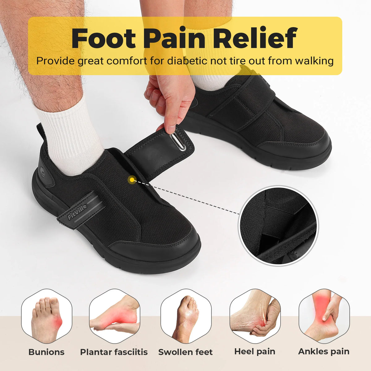 Men's Extra Wide Walking Shoes – Hook & Loop Adjustable Comfort Shoes